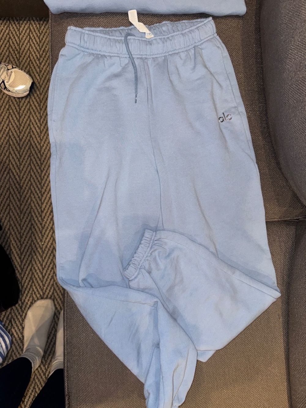 ALO Yoga Light Blue Cozy Fleece Joggers and Crewneck